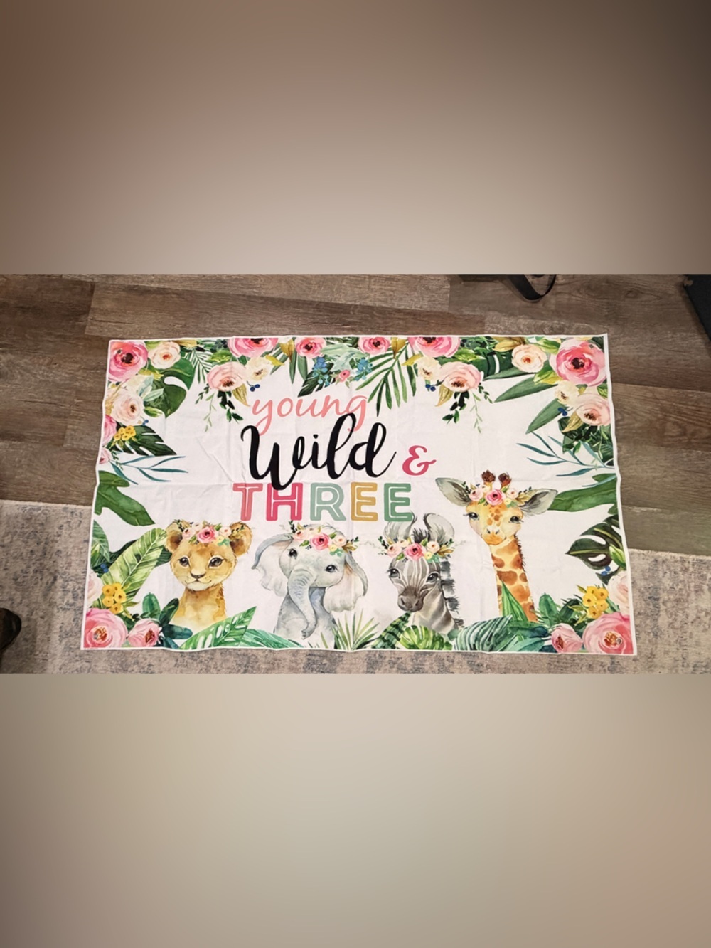 Young, Wild & Three Jungle Animal Floral Banner